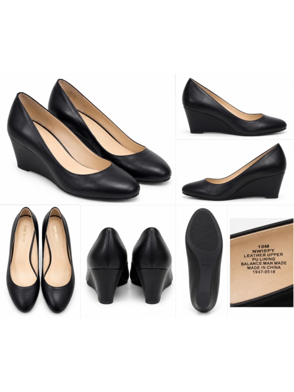 Nine West ISPY Black Leather Wedge Pumps Size 10M Round Toe Career Shoes